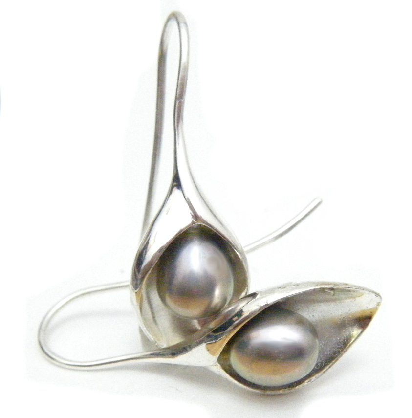 Silver Lily Earrings with Grey Pearls